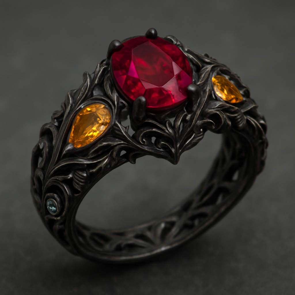Ruby engagement ring with citrine and topaz inlays with nature themes