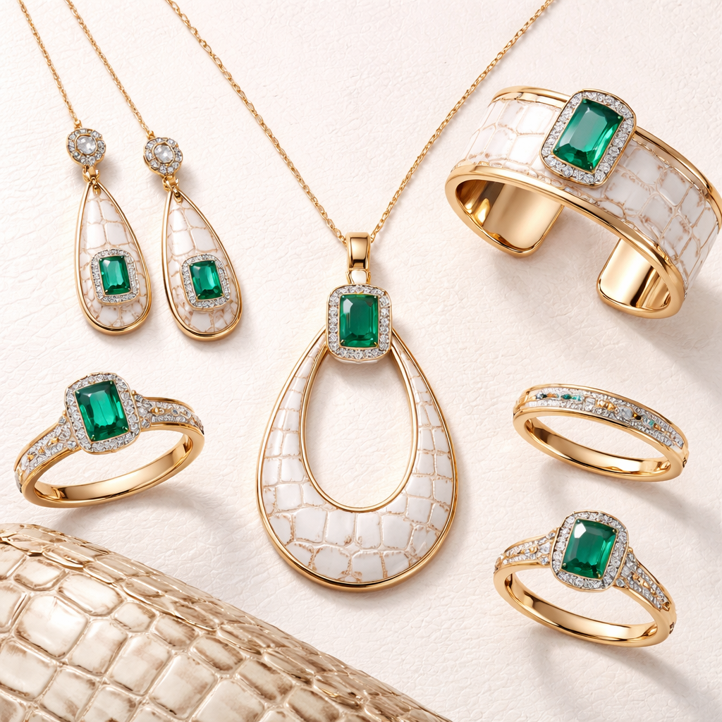 Create elegant jewelry collection to Brahmin incorporating crocodile print with gemstones