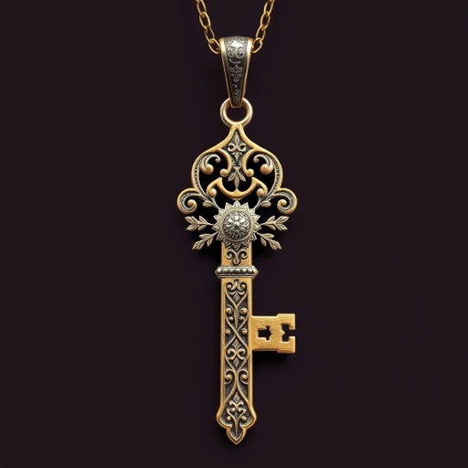 Old skeleton key shape gold and silver tones with olive branch turning on leg and keffieh print on the tip