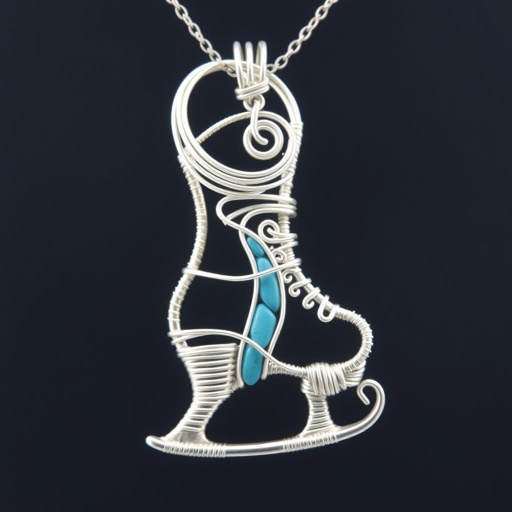Silver Pendant shape one ice skate with turquoise stripe inside the low thin part blade