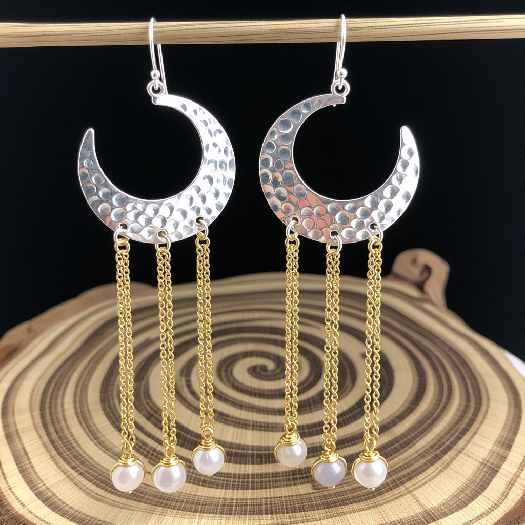 Серебряные серьги словно мятое серебро в форме полумесяца вертикальныйсверху крепится к швензе. От полумесяца идет три цепочки золотого цвета, у каждой на конце мелкий камушек лунный камень