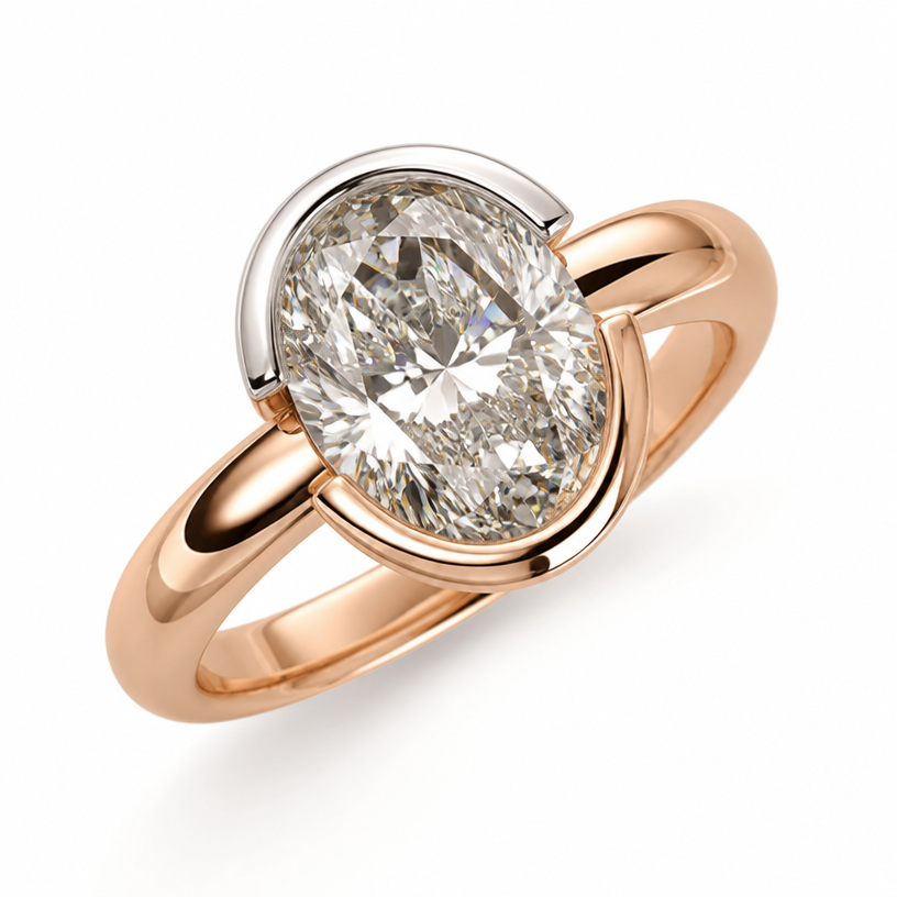 A women's ring. with a 10 ct oval
platinum half bezel like picture
rose gold band
using the attached image as a visual reference, create A women's ring. with a 10 ct oval
platinum half bezel like picture
rose gold band. photorealistic, just the design no text