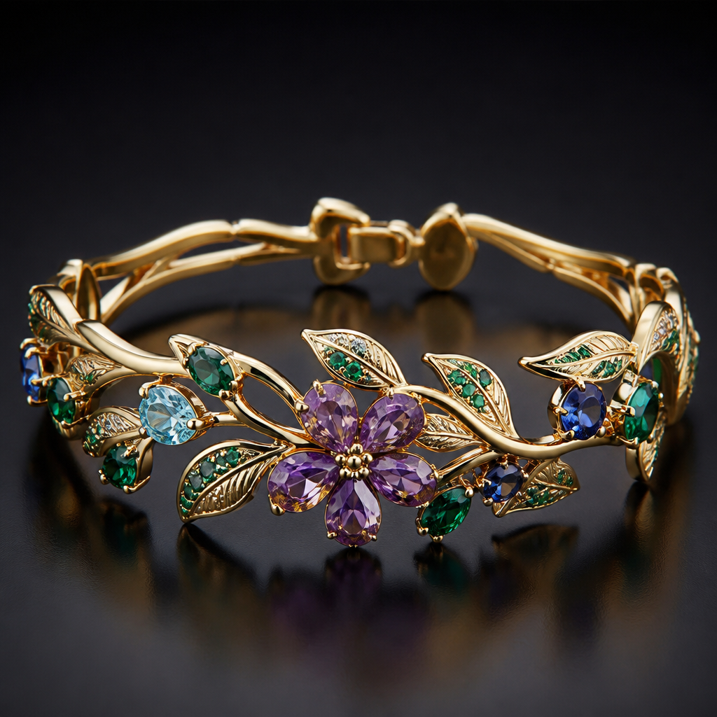 A nature women's bracelet made of gold with amethyst and aquamarine and sapphire and emerald stones
photorealistic jewelry design, A nature women's bracelet made of gold with amethyst and aquamarine and sapphire and emerald stones, nature_inspired style, just the design no text