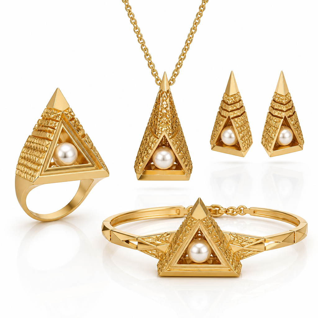 Create an exclusive haute joaillerie 21K yellow gold jewelry collection inspired by the majestic pyramids of Giza and contemporary Arabic architecture. The design should embrace minimalism with bold triangular geometry, clean lines, layered pyramid silhouettes, and delicate Islamic geometric motifs engraved into the gold. Natural white pearls float gracefully within the geometric framework, creating a striking contrast between softness and structure. Elegant proportions, luxurious craftsmanship, modern Middle Eastern aesthetic, premium high jewelry, polished yellow gold, subtle matte textures, architectural elegance, timeless luxury, editorial jewelry photography, ultra-realistic, cinematic lighting, white seamless background, 8K.
photorealistic jewelry design, Create an exclusive haute joaillerie 21K yellow gold jewelry collection inspired by the majestic pyramids of Giza and contemporary Arabic architecture. The design should embrace minimalism with bold triangular geometry, clean lines, layered pyramid silhouettes, and delicate Islamic geometric motifs engraved into the gold. Natural white pearls float gracefully within the geometric framework, creating a striking contrast between softness and structure. Elegant proportions, luxurious craftsmanship, modern Middle Eastern aesthetic, premium high jewelry, polished yellow gold, subtle matte textures, architectural elegance, timeless luxury, editorial jewelry photography, ultra-realistic, cinematic lighting, white seamless background, 8K., byzantine style, just the design no text