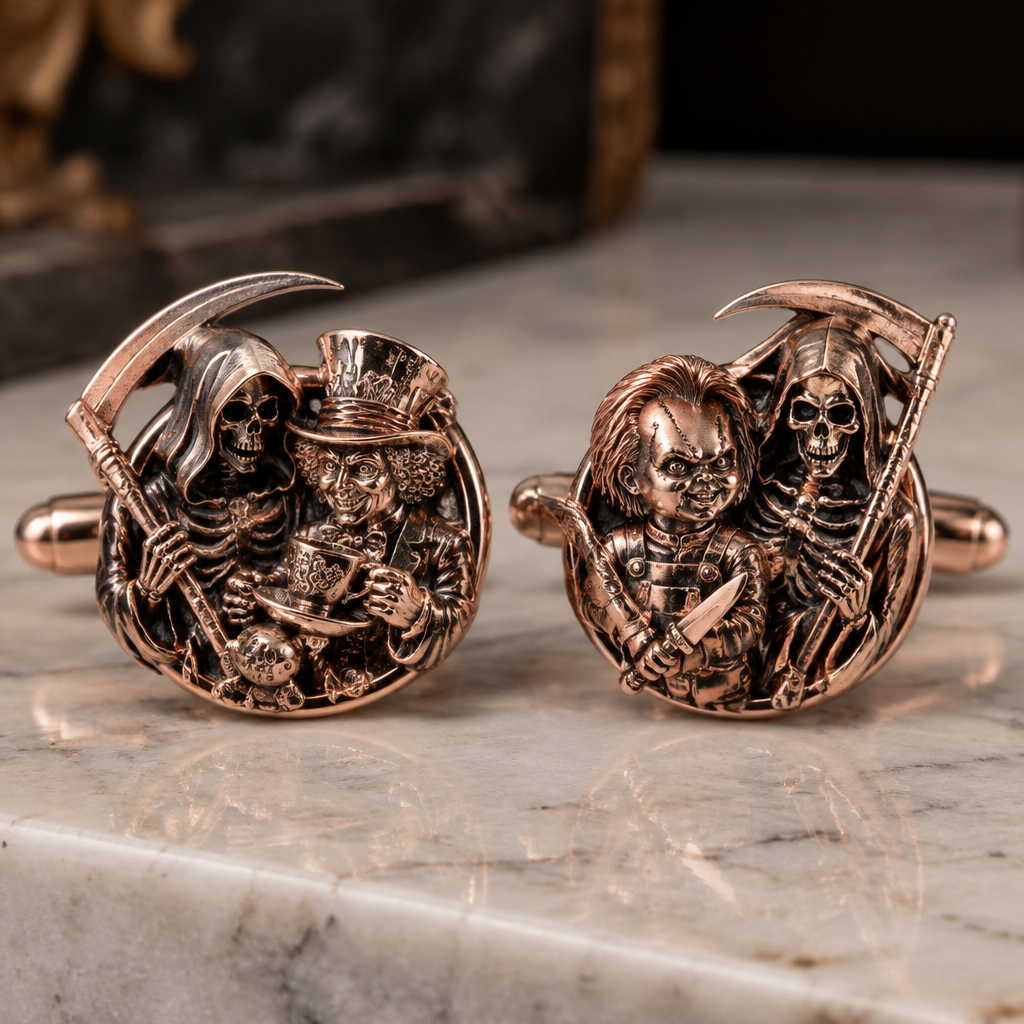 A rustic women's cufflinks made of rose gold suitable for formal. a reaper with a skeleton with the madhatter with chucky
photorealistic jewelry design, A rustic women's cufflinks made of rose gold suitable for formal. a reaper with a skeleton with the madhatter with chucky, rustic style, just the design no text