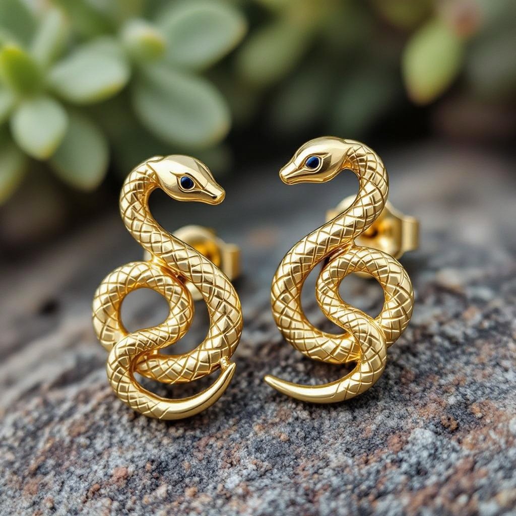 Небольшие золотые матовые серьги в виде символической змеи