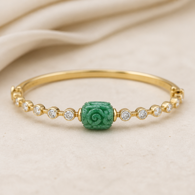 A bangle women's bracelet made of gold with diamond stones suitable for daily wear. Use 12 tablets.
using the attached image as a visual reference, create A bangle women's bracelet made of gold with diamond stones suitable for daily wear. Use 12 tablets.. photorealistic, just the design no text