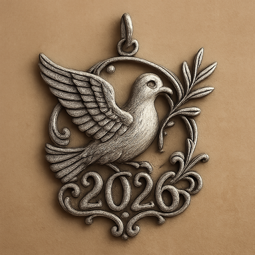 Silver cut-out charm blending together the pigeon of peace hold an olive branch along the year 2026