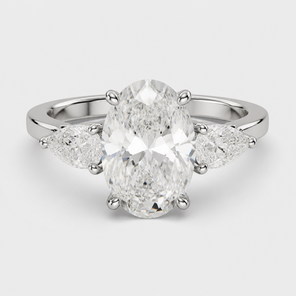 3 stone ring ,3 carat oval white diamond and two pear diamond that are 0.50 ct each
photorealistic jewelry design, 3 stone ring ,3 carat oval white diamond and two pear diamond that are 0.50 ct each , modern style, just the design no text