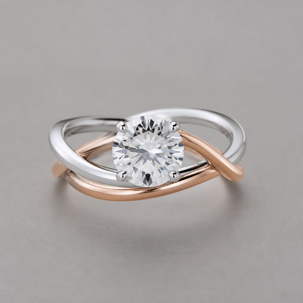 One stone 5ct vvss as a f colour twin rose gold with white gold
photorealistic jewelry design, One stone 5ct vvss as a f colour twin rose gold with white gold , nordic style, just the design no text