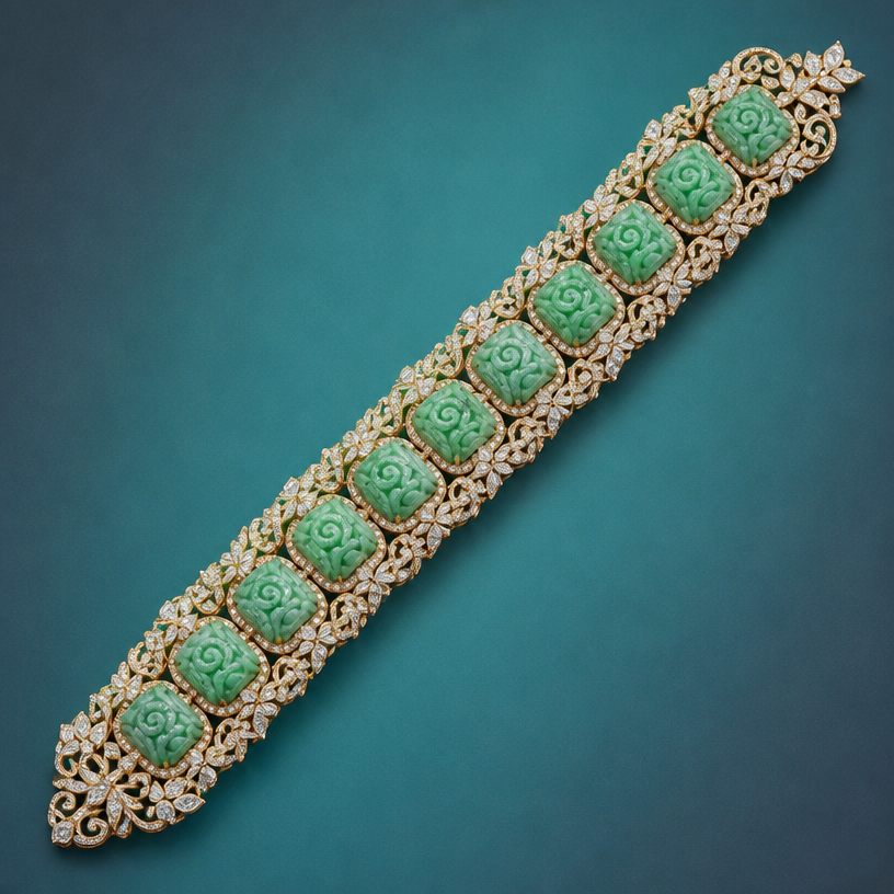 A abstract women's bracelet with diamond stones, highly ornate, intricate and elaborate, richly detailed. Create a 6-inch bracelet using the 12 beads shown in the attached picture. Each bead is 9.7 millimeters long.
using the attached image as a visual reference, create A abstract women's bracelet with diamond stones, highly ornate, intricate and elaborate, richly detailed. Create a 6-inch bracelet using the 12 beads shown in the attached picture. Each bead is 9.7 millimeters long.. photorealistic, just the design no text