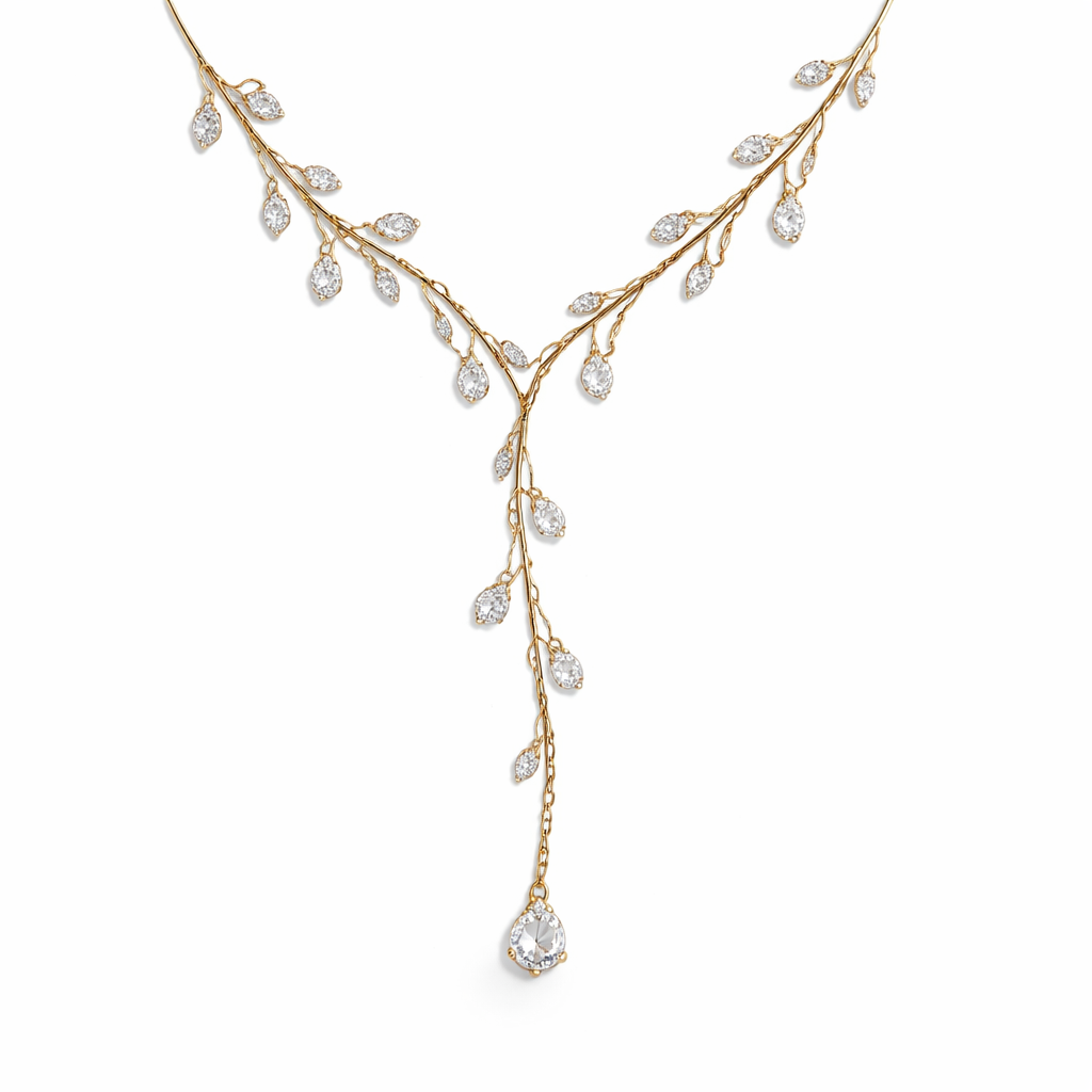Thin Gold chain with thin wire wrapped around it like an olive branch and small pear cut diamond stones placed throughout the chain with a lariat.