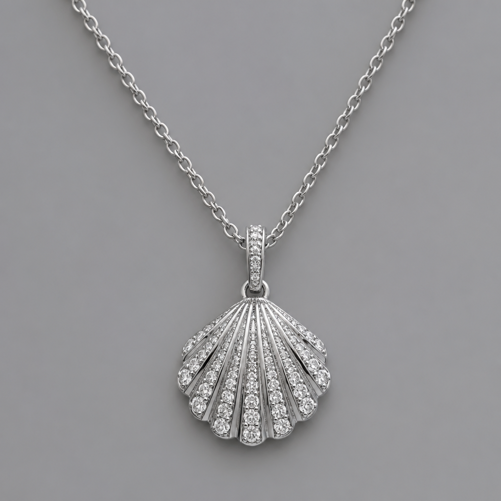 A women's necklace made of silver with diamond stones. coquillage coquille st-jacque
photorealistic jewelry design, A women's necklace made of silver with diamond stones. coquillage coquille st-jacque, modern style, just the design no text