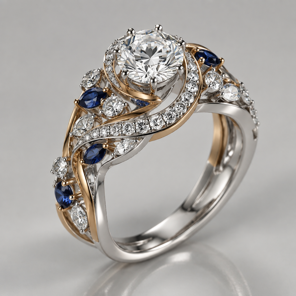A contemporary women's ring made of mixed metal with diamond stones. 33 diamonds ranging in size, but no larger than .25 of a carat. add one carat solitaire diamond and 7 sapphire chips.
photorealistic jewelry design, A contemporary women's ring made of mixed metal with diamond stones. 33 diamonds ranging in size, but no larger than .25 of a carat. add one carat solitaire diamond and 7 sapphire chips., contemporary style, just the design no text