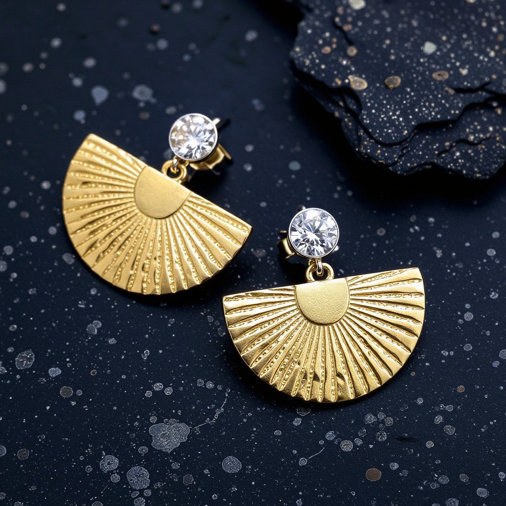 Золотые серьги полукруг половинка горящего солнца мятое неровное золото лучи волнистые другая половинка круга серебряная 