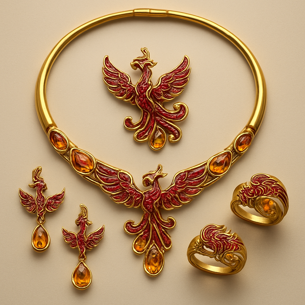 A full Ruby jewelry set including bracelet, earrings and rings with at least 10 citrine and topaz inlays with phoenix themes and an omega necklace