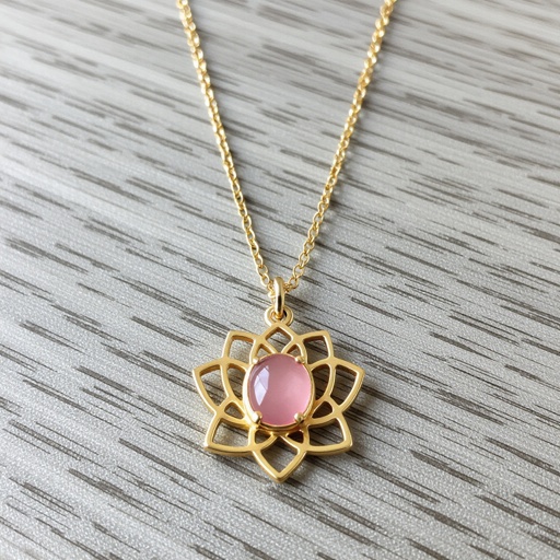 Золотая матовая цепочка. Подвеска лотос шесть лепестков не круглый . В сердце лотоса матовый розовый кварц овальный