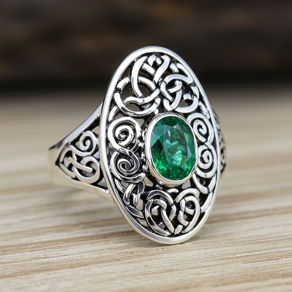 925 Sterling Silver Ring with Emerald Green Stone adorned with Triskelions