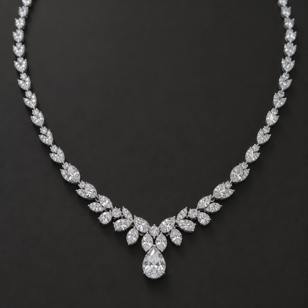 A classic women's necklace made of white gold with diamond stones. this is necklace with sight wigs
photorealistic jewelry design, A classic women's necklace made of white gold with diamond stones. this is necklace with sight wigs, classic style, just the design no text