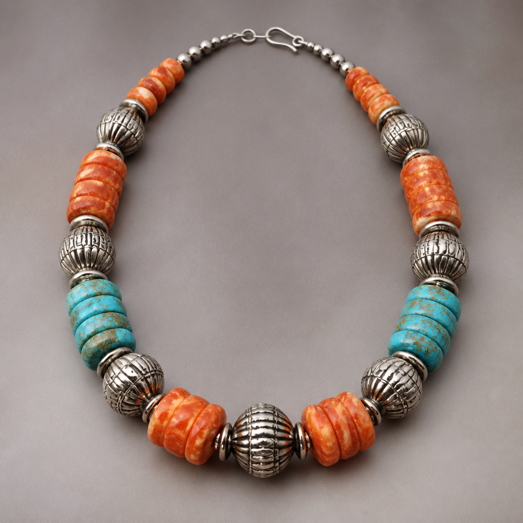Graduated Spiny oyster 20mm x 5mm rondel beads, turquoise graduated rondel beads 17mm x 4mm, sterling silver beads 15mm x 13mm necklace
photorealistic jewelry design, Graduated Spiny oyster 20mm x 5mm rondel beads, turquoise graduated rondel beads 17mm x 4mm, sterling silver beads 15mm x 13mm necklace, antique style, just the design no text