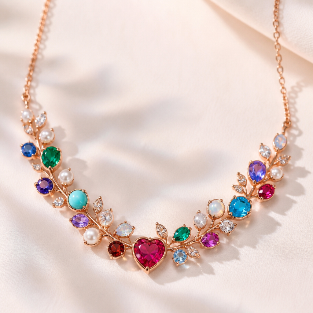 A romantic women's necklace made of rose gold with sapphire and emerald and aquamarine and turquoise and opal and amethyst and ruby and diamond and pearl and garnet and topaz stones suitable for daily wear
photorealistic jewelry design, A romantic women's necklace made of rose gold with sapphire and emerald and aquamarine and turquoise and opal and amethyst and ruby and diamond and pearl and garnet and topaz stones suitable for daily wear, romantic style, just the design no text