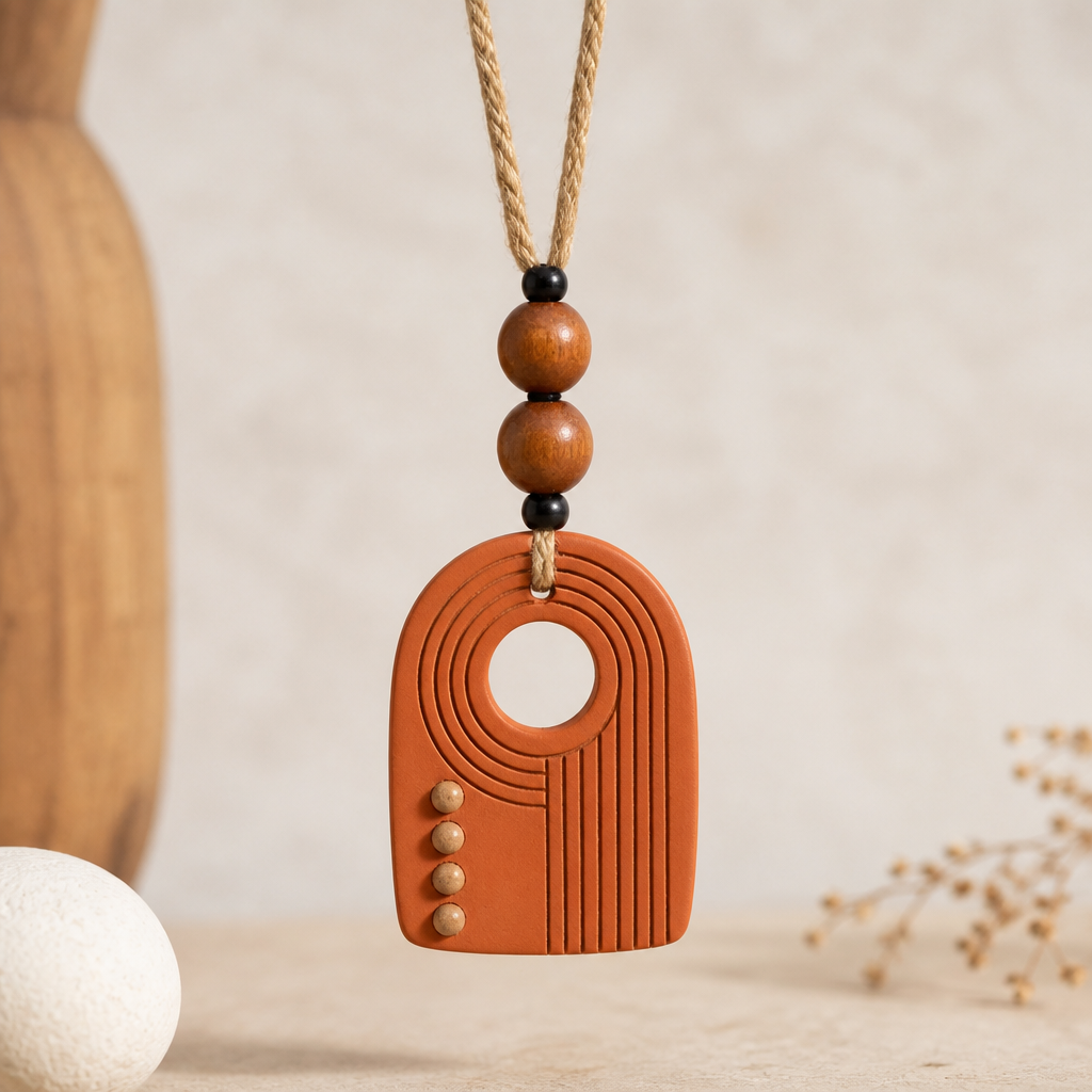 A women's pendant. teracotta jewellery pendent with woooden beads and jute string
photorealistic jewelry design, A women's pendant. teracotta jewellery pendent with woooden beads and jute string, modern style, just the design no text