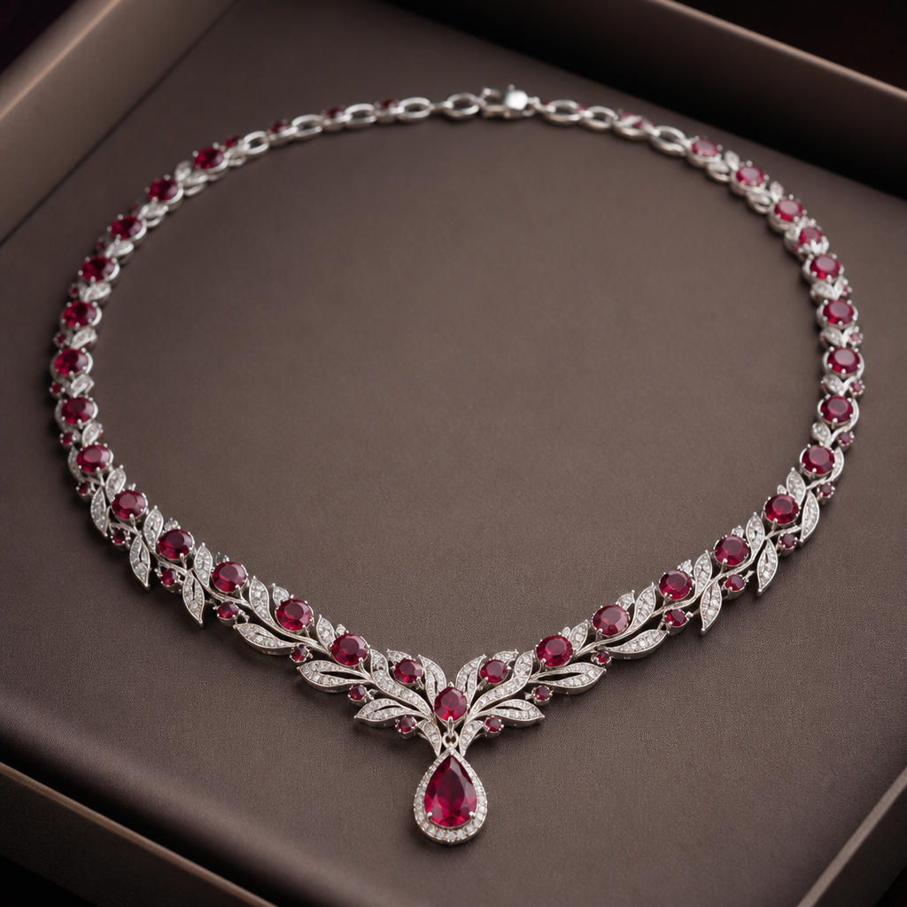 A modern women's necklace made of silver with ruby stones suitable for wedding
photorealistic jewelry design, A modern women's necklace made of silver with ruby stones suitable for wedding, modern style, just the design no text