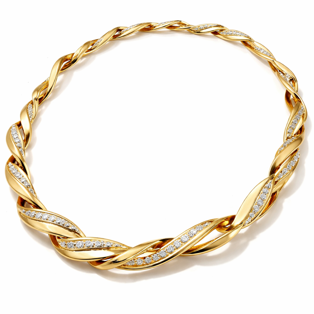 A light weight necklace that has links and articulations and makes it flexible that inspired by one twisted flat wire and its light weight and has diamond and gold