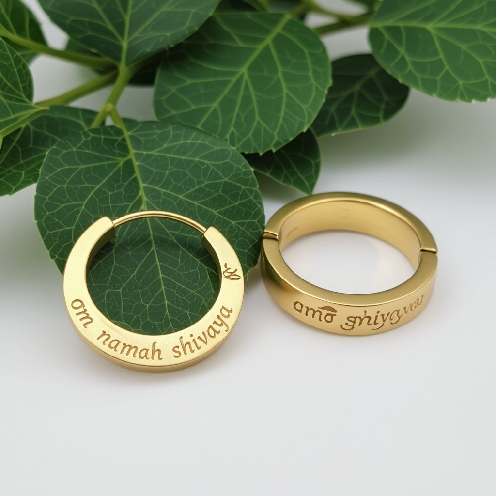 Золотые матовые серьги полукруг. На полукруге надпись изящным шрифтом om namah shivaya