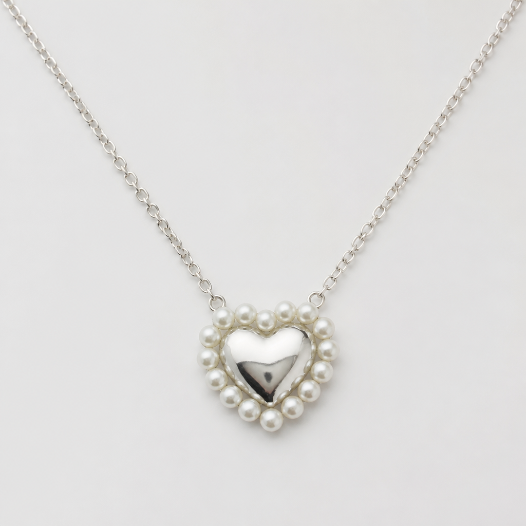Create another little heart necklace made of white gold heart shape surrounded by tiny pearls
photorealistic jewelry design, Create another little heart necklace made of white gold heart shape surrounded by tiny pearls, just the design no text