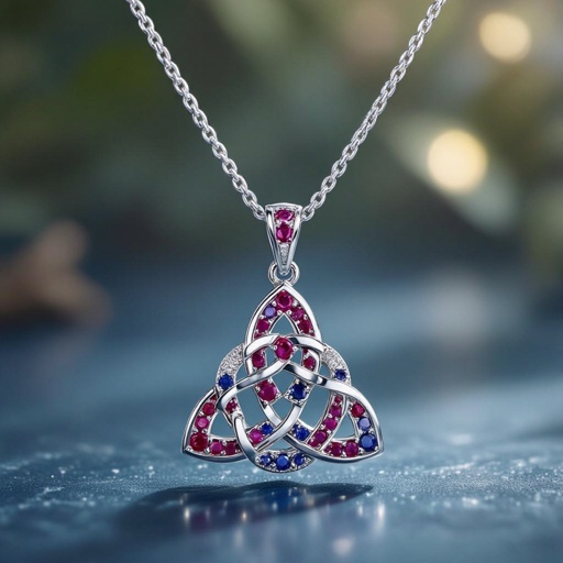  A celtic trinity knot 50 carat necklace with VVS asscher-cut  ruby and sapphire gemstones and 18k silver chain