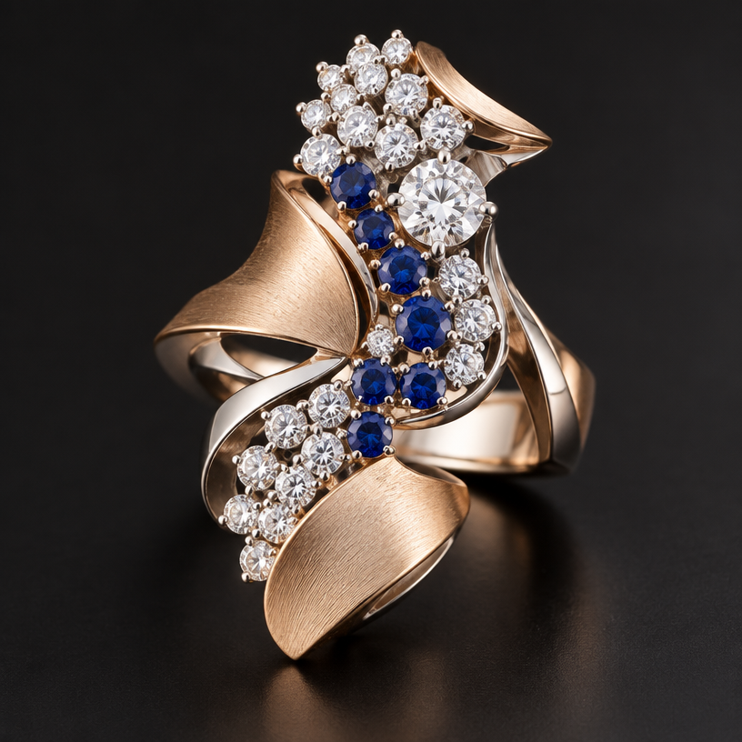 A avant-garde women's ring made of mixed metal with diamond and sapphire stones. design ring using the photo for gem size reference. the ring should contain 33 of the smaller diamonds, 7 of the sapphires, and the one larger diamond.
using the attached image as a visual reference, create A avant-garde women's ring made of mixed metal with diamond and sapphire stones. design ring using the photo for gem size reference. the ring should contain 33 of the smaller diamonds, 7 of the sapphires, and the one larger diamond.. photorealistic, just the design no text