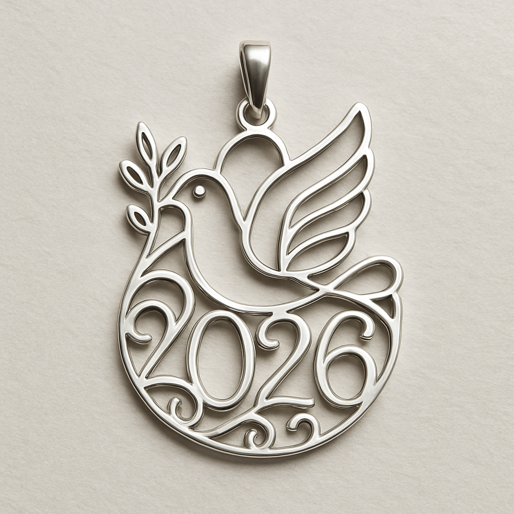 Silver minimal cut-out abstract charm blending together the pigeon of peace hold an olive branch along the year 2026