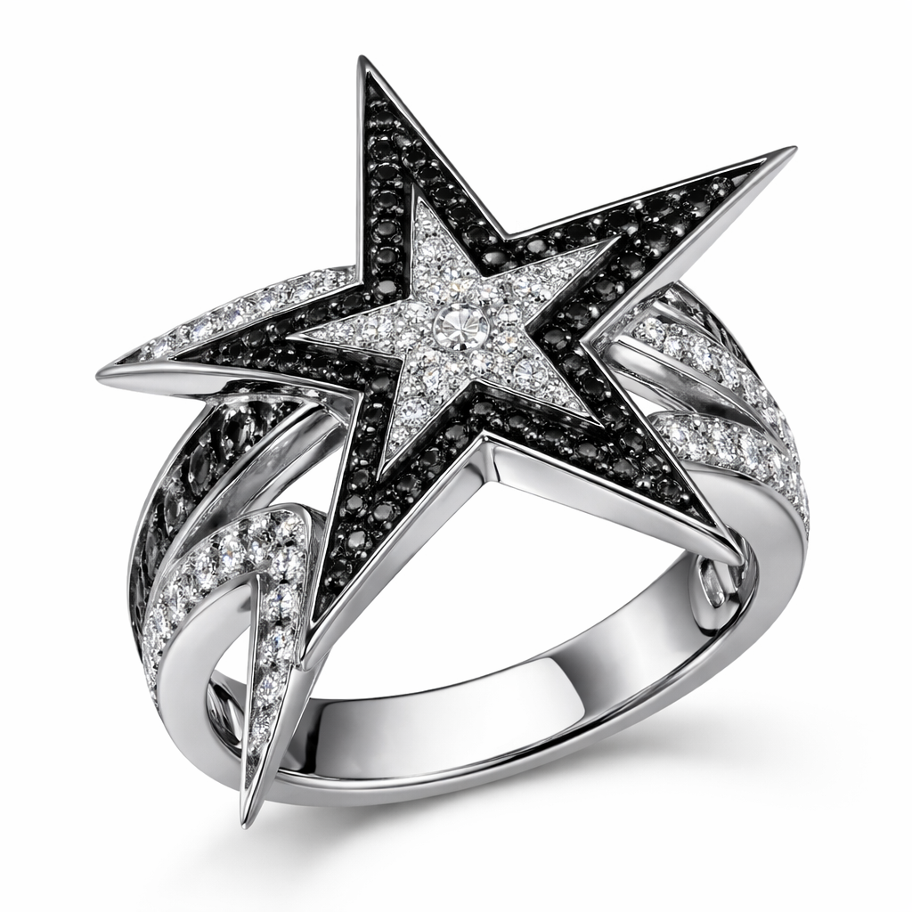 Unique modern edgy ring of Unique design of edges and bold shapes of nice unique star with black diamonds and white diamonds of white background
