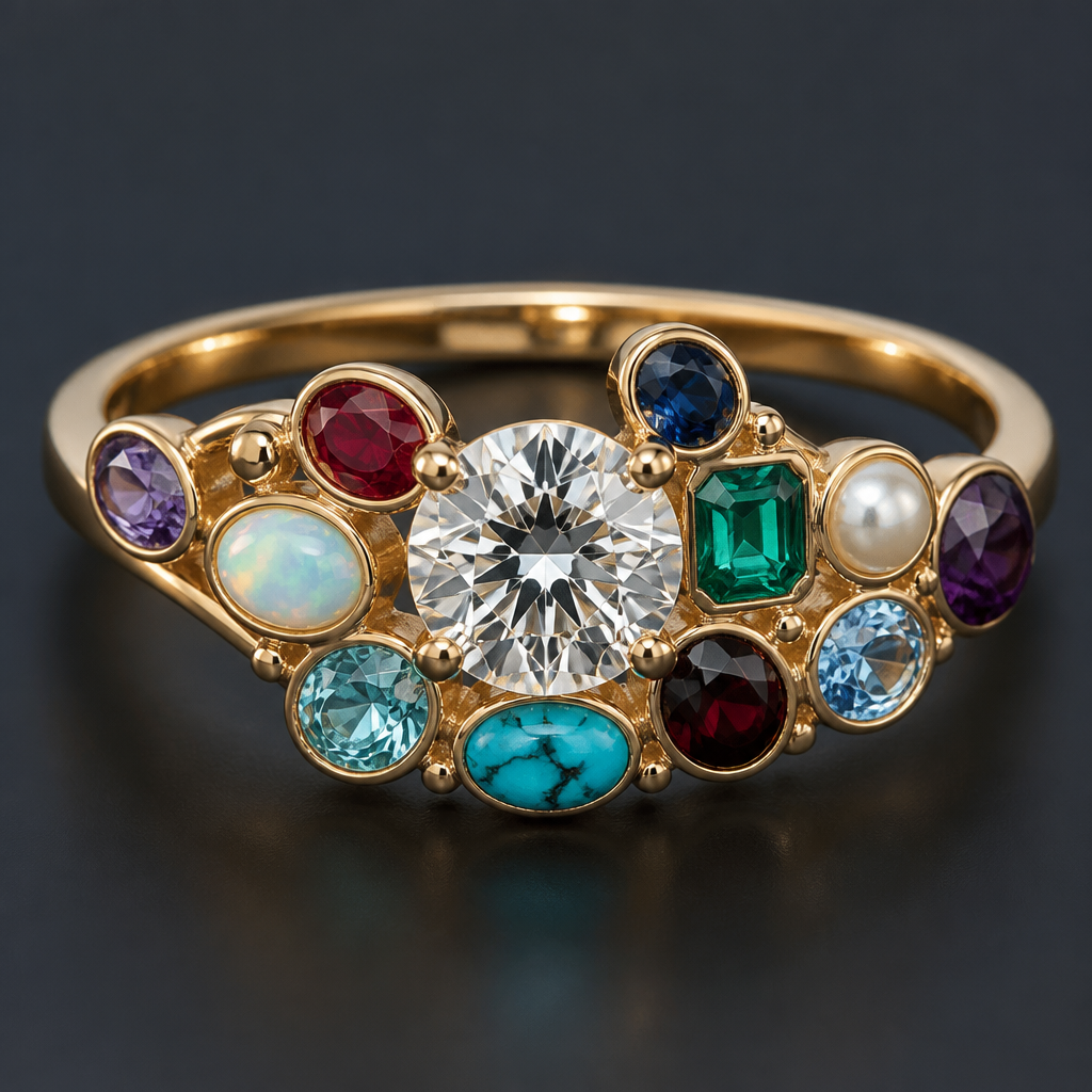 A modern women's ring with diamond and ruby and sapphire and emerald and pearl and amethyst and opal and topaz and garnet and aquamarine and turquoise stones suitable for engagement
photorealistic jewelry design, A modern women's ring with diamond and ruby and sapphire and emerald and pearl and amethyst and opal and topaz and garnet and aquamarine and turquoise stones suitable for engagement, modern style, just the design no text