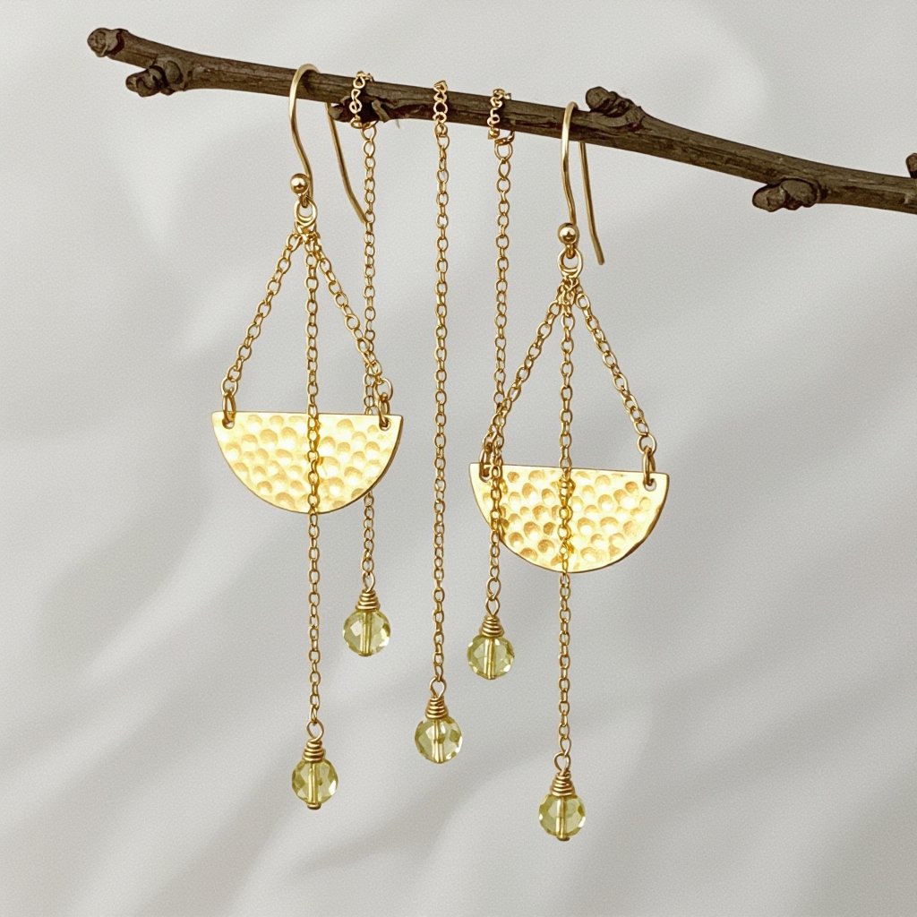 Золотые серьги словно мятое золото в форме узкого изящного полумесяца. Верхушка полумесяца крепится к застежке серьги.  От полумесяца идет три цепочки, у каждой на конце мелкий камушек цитрин