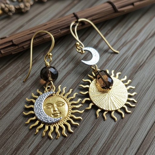 Золотые серьги словно мятое золото в форме солнца с волнистыми лучами крепится к застежке серьги. К нижней части солнца крепятся подвески: миниатюрный серебристая луна, очень маленький кристалл раухтопаза и маленький золотой кружочек с мятым эффектом плоский