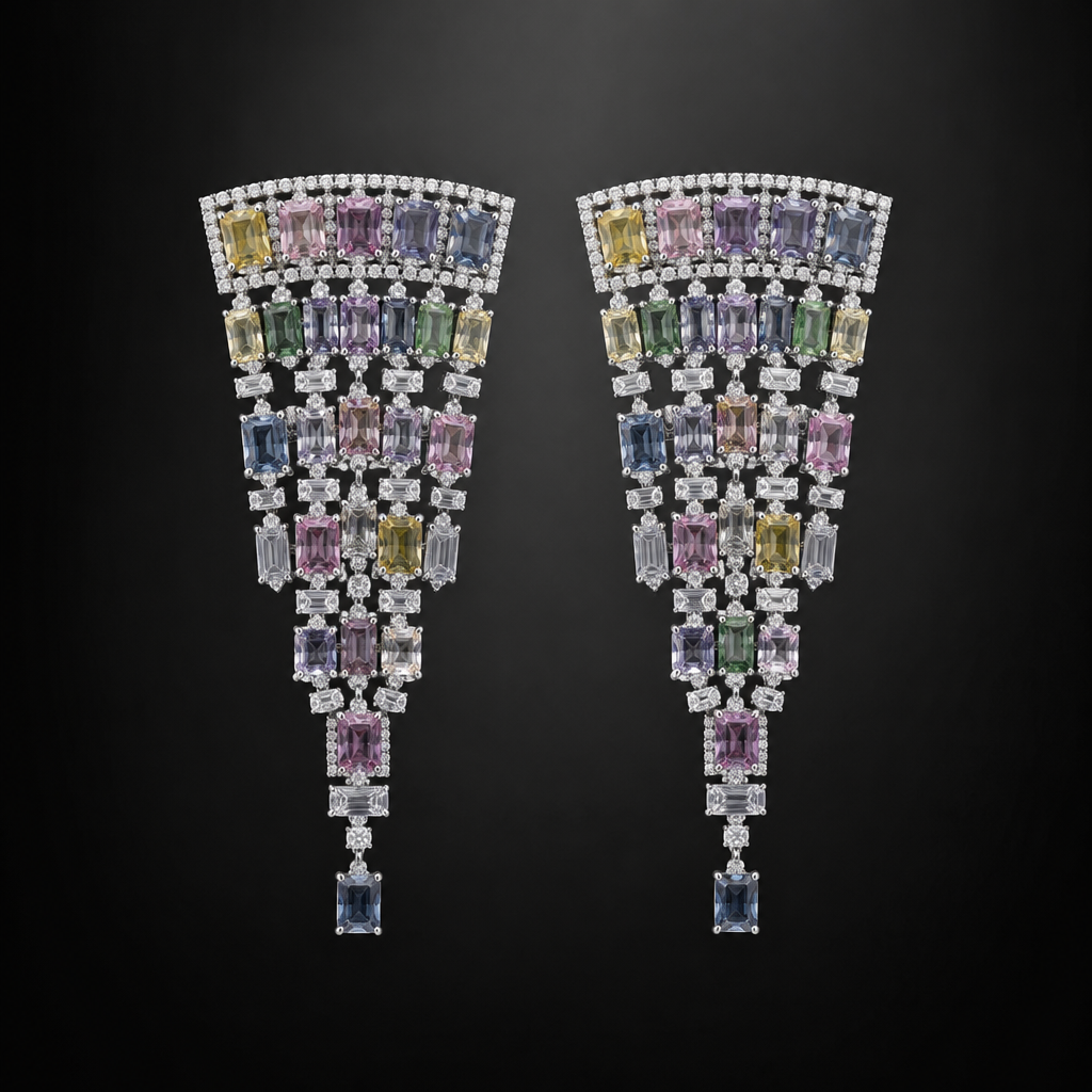 A women's ring. create long earrings. matching to the photo uploaded. Use Diamonds and Colour stones at Random . The colour stones should be Square Shaped or Rectangular shaped . The earrings should be Wide on Top and Tapering as they go down. The initial Width at the top should be almost 1 inch .
photorealistic jewelry design, A women's ring. create long earrings. matching to the photo uploaded. Use Diamonds and Colour stones at Random . The colour stones should be Square Shaped or Rectangular shaped . The earrings should be Wide on Top and Tapering as they go down. The initial Width at the top should be almost 1 inch ., modern style, just the design no text