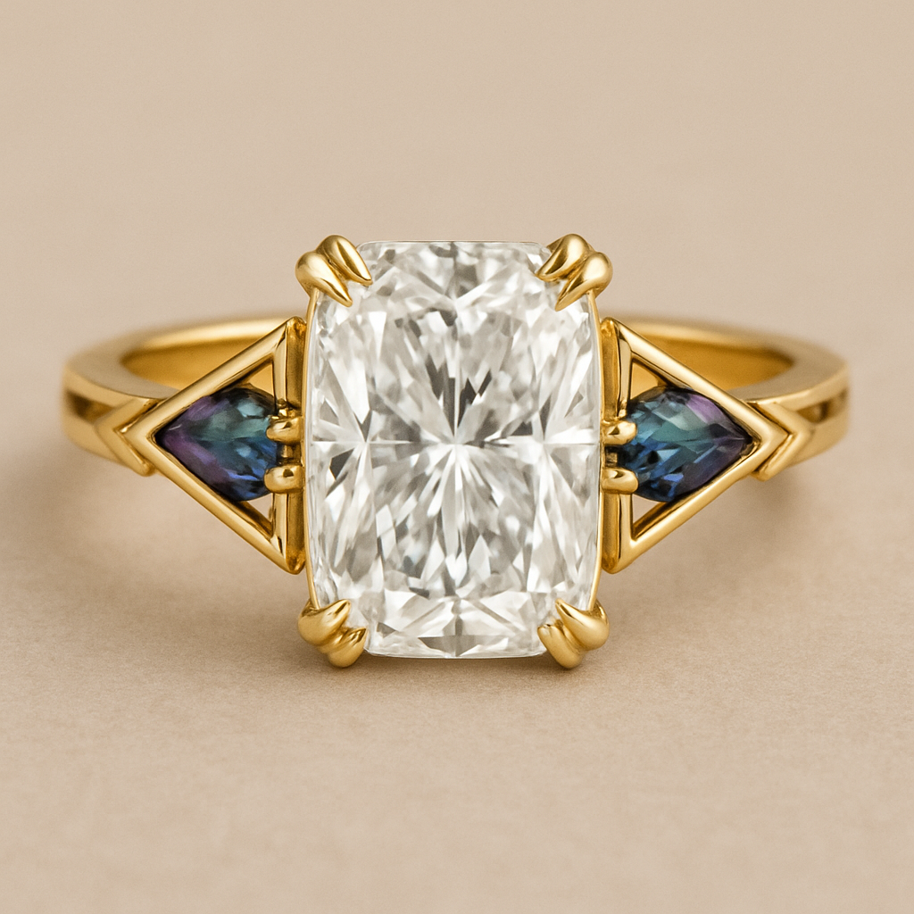 2 carat elongated cushion cut diamond engagement ring with double claw prongs in yellow gold ring with marquise shaped alexandrite side stones