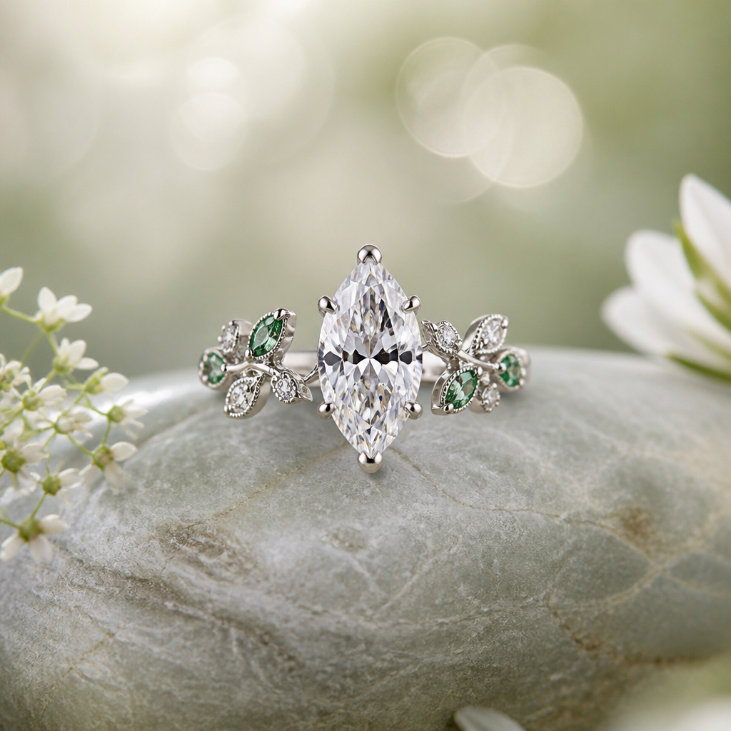 Engagement ring with 2ct marquis diamond, white gold band and green accents
Fairy/ ethereal vibes
photorealistic jewelry design, Engagement ring with 2ct marquis diamond, white gold band and green accents
Fairy/ ethereal vibes , just the design no text