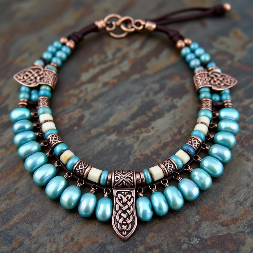 A freshwater blue sea Pearl Necklace with Celtic knots chains