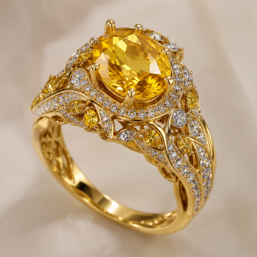A women's ring with sapphire stones suitable for daily wear, highly ornate, intricate and elaborate, richly detailed. yellow sapphire
photorealistic jewelry design, A women's ring with sapphire stones suitable for daily wear, highly ornate, intricate and elaborate, richly detailed. yellow sapphire, modern style, just the design no text
