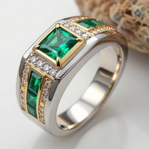 Platinum base ring for men with a gold alignment in the middle on the side with a trillion emerald in the middle