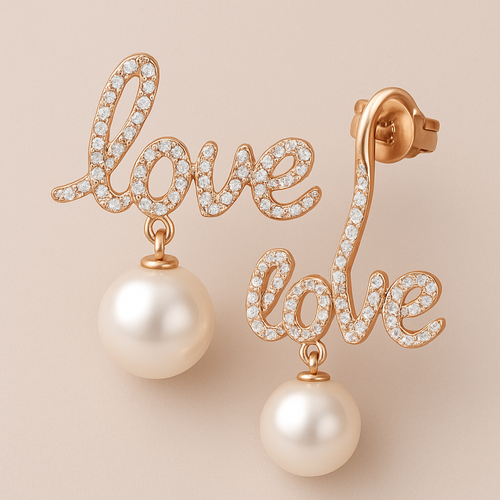 Earring Love with diamond and pearl rose gold