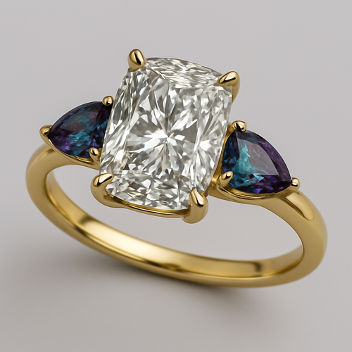 2 carat elongated cushion cut diamond engagement ring with double claw prongs in yellow gold ring with marquise shaped alexandrite side stones 