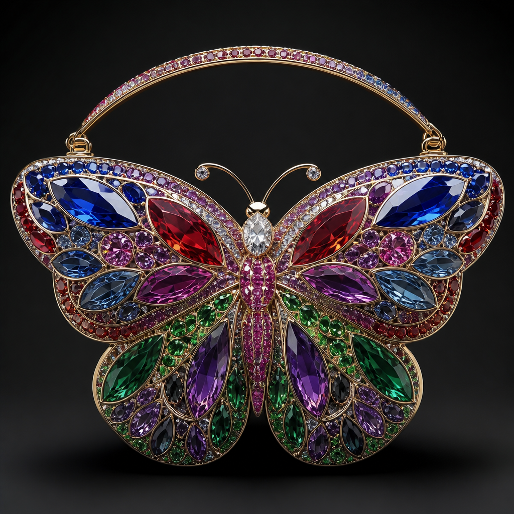Blue red purple and green diamond butterfly purse
photorealistic jewelry design, Blue red purple and green diamond butterfly purse , just the design no text