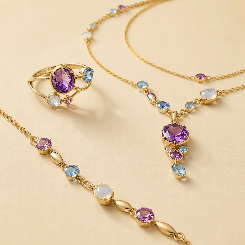 A modern women's ring made of gold with amethyst and aquamarine stones suitable for formal. bague + chaine+ bracelet en améthyste, pierre de lune, aigue marine
photorealistic jewelry design, A modern women's ring made of gold with amethyst and aquamarine stones suitable for formal. bague + chaine+ bracelet en améthyste, pierre de lune, aigue marine, modern style, just the design no text