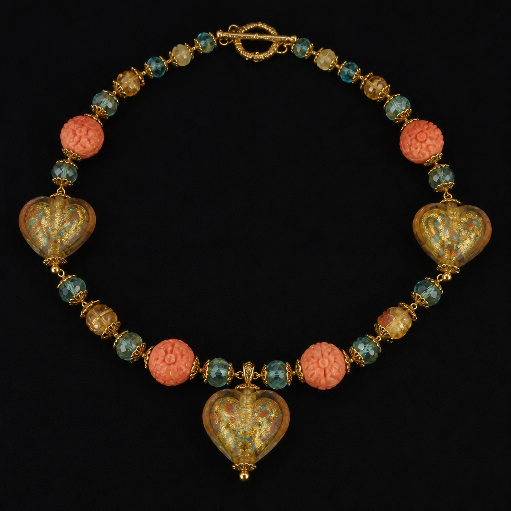 "Murano glass heart beads golden citrine in color with orange and teal colors in them 24.5mm x 24.5mm, carved orange coral 18mm beads, teal faceted apatite beads, yellow opal chips, gold filigree beads "
photorealistic jewelry design, "Murano glass heart beads golden citrine in color with orange and teal colors in them 24.5mm x 24.5mm, carved orange coral 18mm beads, teal faceted apatite beads, yellow opal chips, gold filigree beads ", victorian style, just the design no text