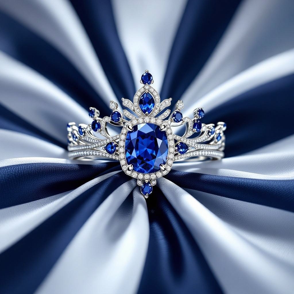 Blue Saphire Stone mit Silber als base und Navy Blue Stoff an einer Krone