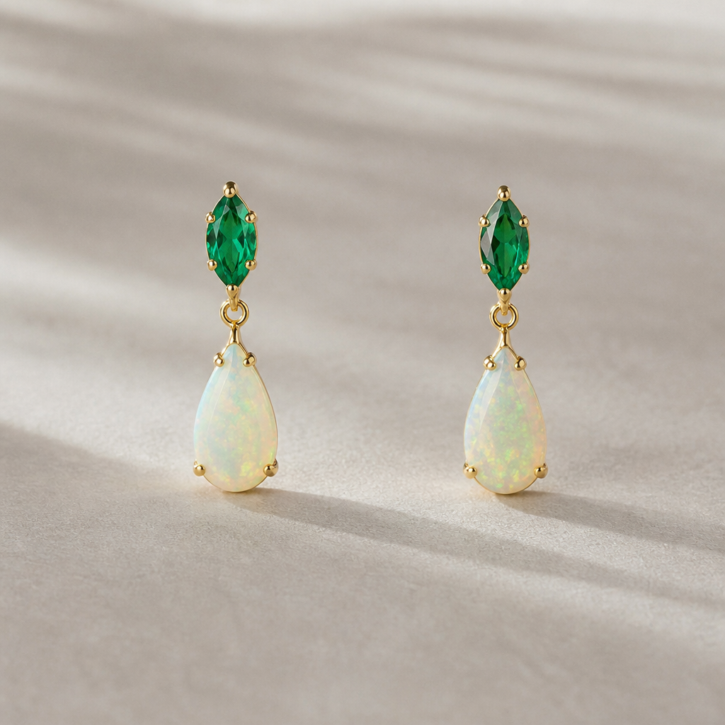 A minimalist women's earrings with opal and emerald stones
photorealistic jewelry design, A minimalist women's earrings with opal and emerald stones, minimalist style, just the design no text